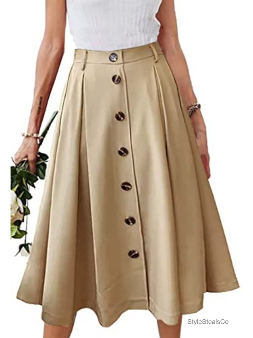 Pleated A-line Midi Skirt Button Front Elastic Waist with Pockets Women